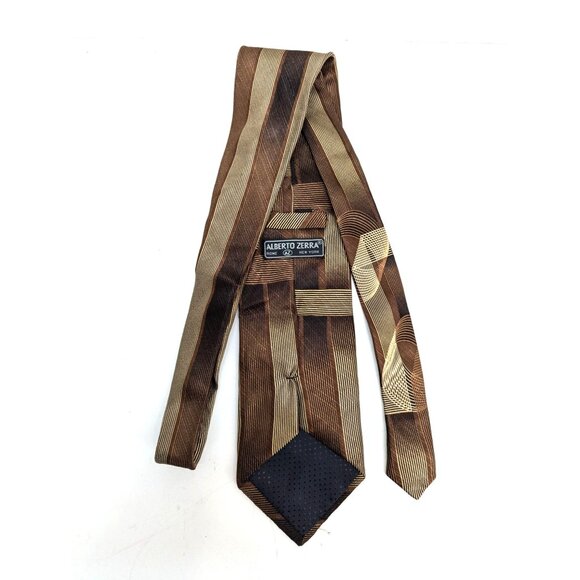 Alberto Zerra Brown Strip and Swirl Men Silk Necktie Standard 58 Inch - Picture 4 of 6